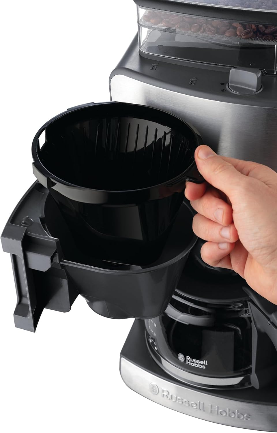 Russell Hobbs Macchina da caffè con macinacaffè integrato, caraffa in vetro [Timer digitale, Doccetta per un'estrazione e un aroma ottimali] Grind&Brew (max 10 tazze, macinatura regolabile in 3 fasi) 25610-56