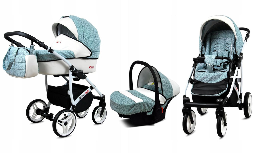 BabyLux® Passeggino Bambimo Set 3 in 1 - White Lux - include Navicella, Seduta Passeggino, Seggiolino Auto Ovetto - Seggiolino Auto - Set Passeggino - Passeggino Combinato con Borsa Fasciatoio, Parapioggia ecc.
