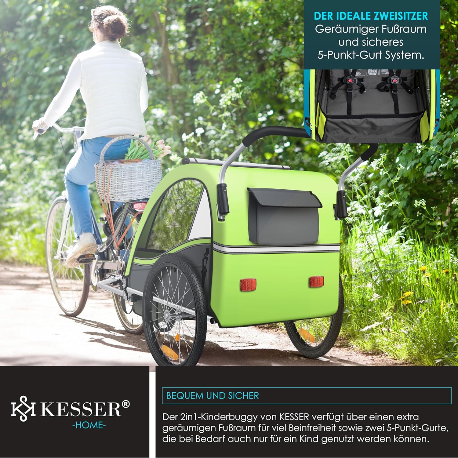 KESSER® Kinderfahrradanhänger Sport-RX 2in1 Jogger & Buggy 5-Punkt-Gurt Sicherheitsgurt 360° Vorderrad Kinderfahrradanhänger Reflektoren für 1-2 Kinder (max. 40 kg) Getränkehalter & Smartphonefach