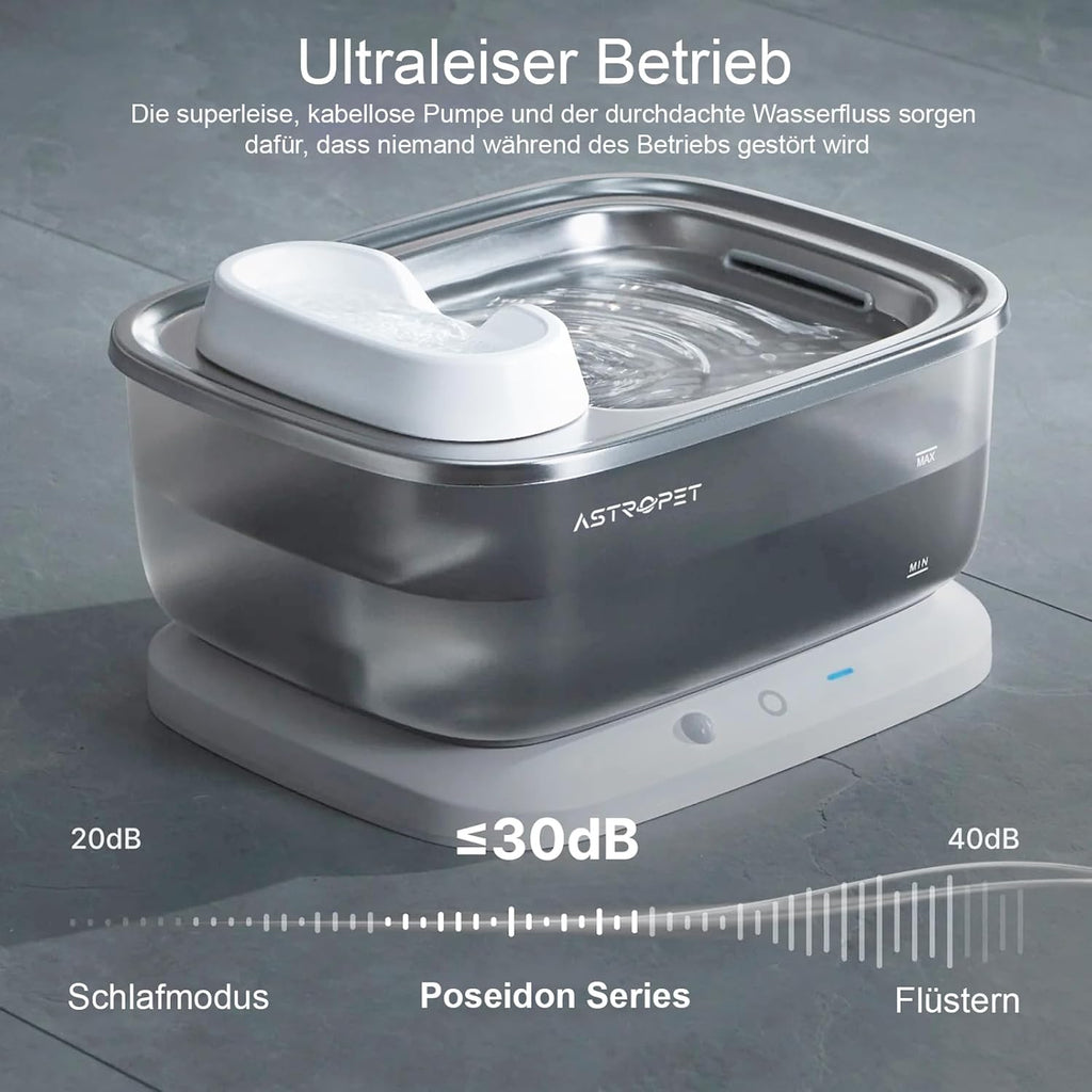 AstroPet 7L Trinkbrunnen für Hunde und Katzen, Ultraleiser, Kabelloser, Automatischer Katzenbrunnen und Hundebrunnen, 40 Tage Lange Akkulaufzeit, Weniger als 30dB Extrem Leiser (ADDF-003+ 2*AAWF-003)