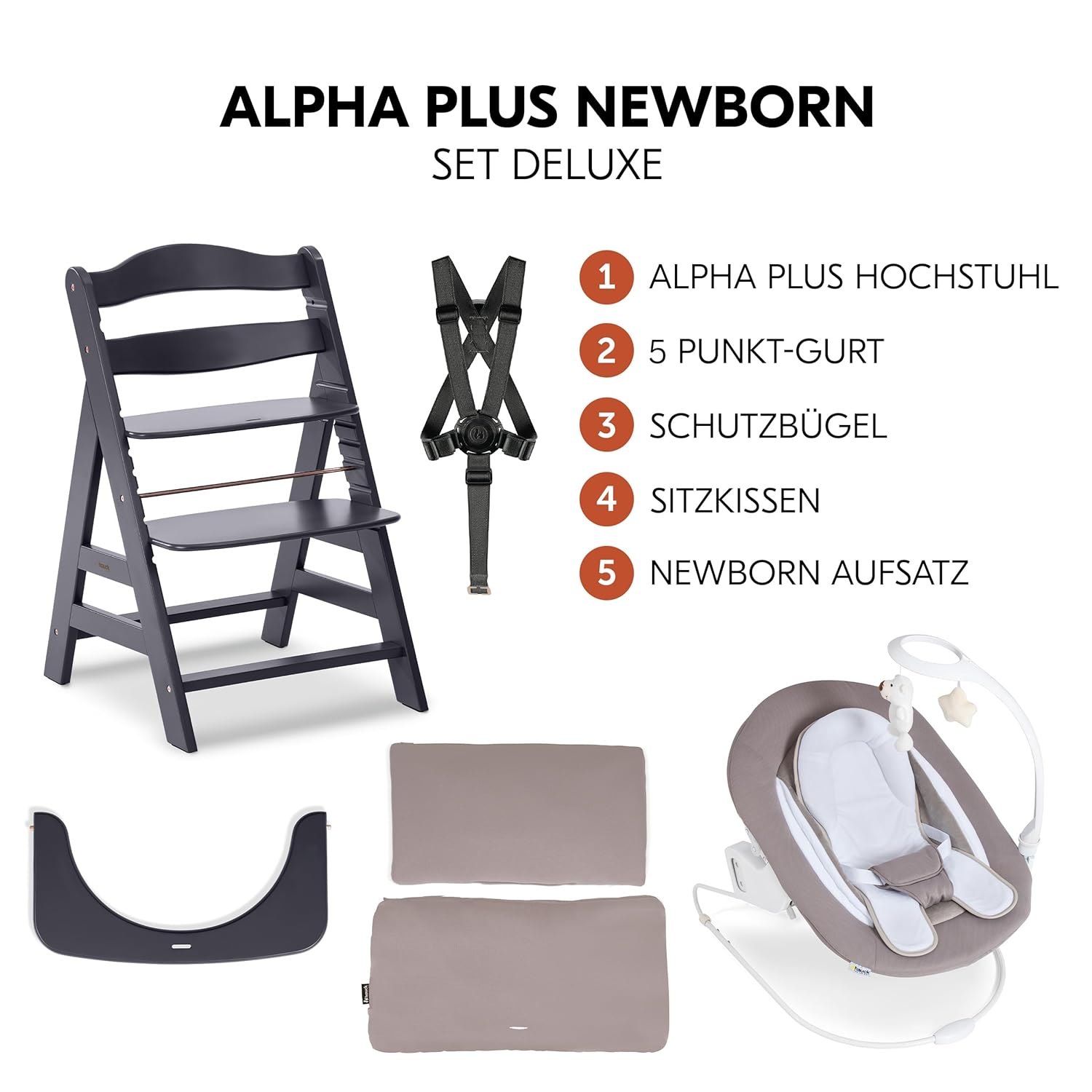 hauck Alpha Plus Newborn Set Deluxe - Seggiolone Pappa Legno da Nascita con Funzione Sdraietta - include Sdraietta per Neonato & Cuscino - Evolutivo, Regolabile - Dark Grey