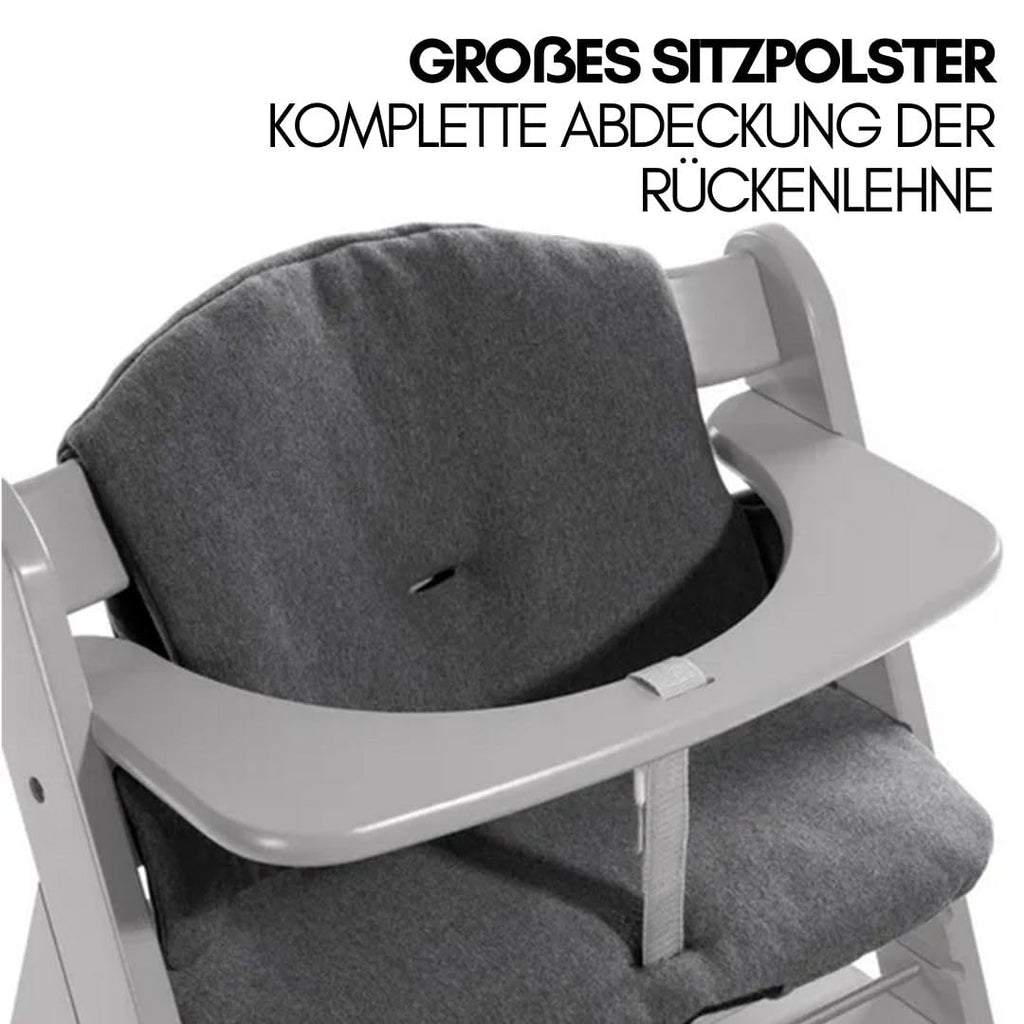hauck Alpha Plus Newborn Set mit Premium Bouncer Dark Grey - Baby Holz Hochstuhl ab Geburt mit Liegefunktion - extra flacher Aufsatz für Neugeborene & Baumwoll Sitzpolster - Grau