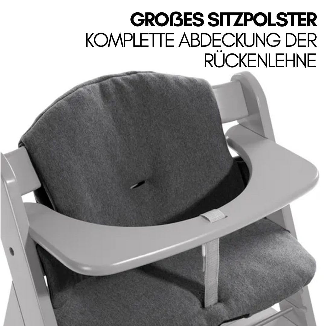 hauck Alpha Plus Newborn Set mit Premium Bouncer Dark Grey - Baby Holz Hochstuhl ab Geburt mit Liegefunktion - extra flacher Aufsatz für Neugeborene & Baumwoll Sitzpolster - Grau