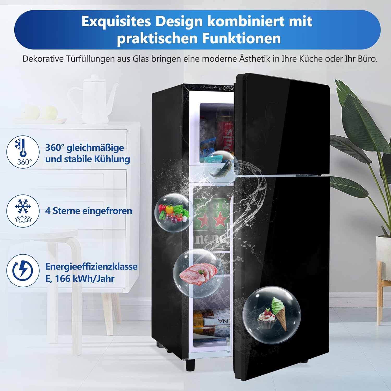 Merax Frigorifero con Congelatore, Frigorifero Combinato, Piccolo Frigorifero con 51L e Congelatore 21L, Silenzioso, LED, Ripiani in Vetro, Cassetto Verdura, Balconcini, per Cucina, Soggiorno, Ufficio, Nero