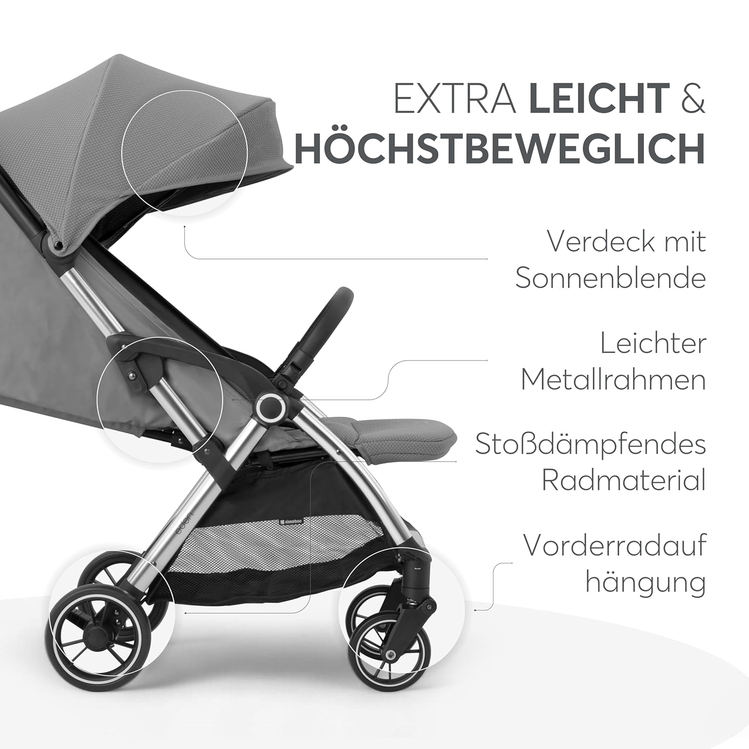 KikkaBoo EDEN Passeggino, passeggino fino a 22 kg, chiusura automatica, posizione reclinata, ultraleggero, compatto, nero