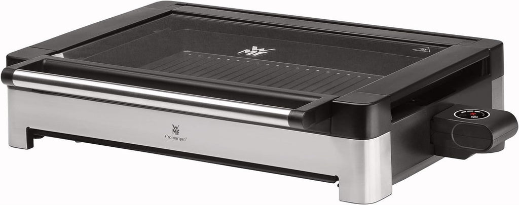 WMF Lono Barbecue elettrico da tavolo con coperchio in vetro, piastra rivestita, vaschetta raccogli-grasso rimovibile, lavabile in lavastoviglie, acciaio inox opaco, 2200 Watt