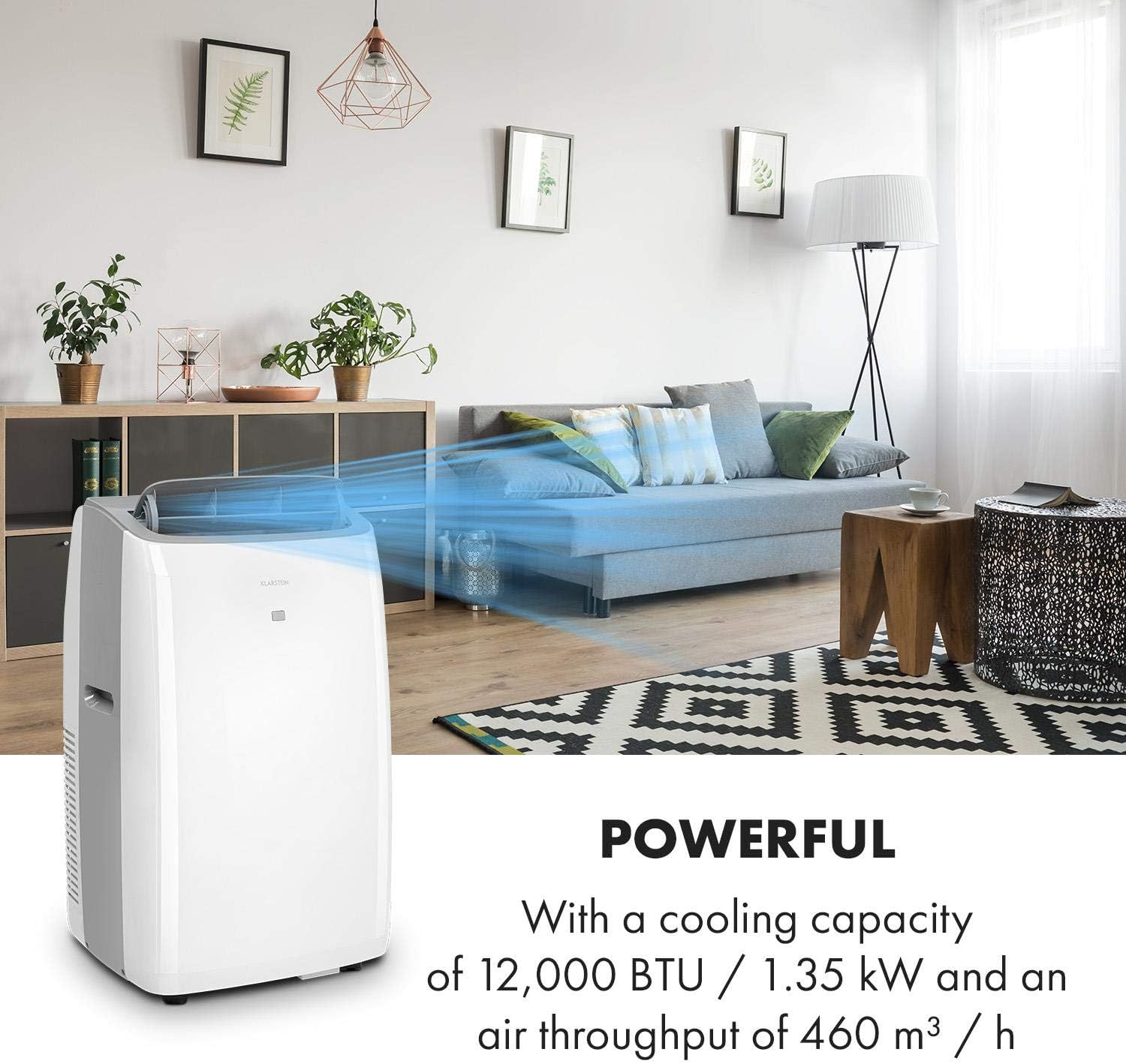 KLARSTEIN Grandbreeze Pro 14K – Condizionatore portatile, deumidificatore, ventilatore, 3 velocità, 14000 BTU/1,65 kW, superficie: da 42 a 68 m², flusso: 460 m³/h, CEE A – Bianco