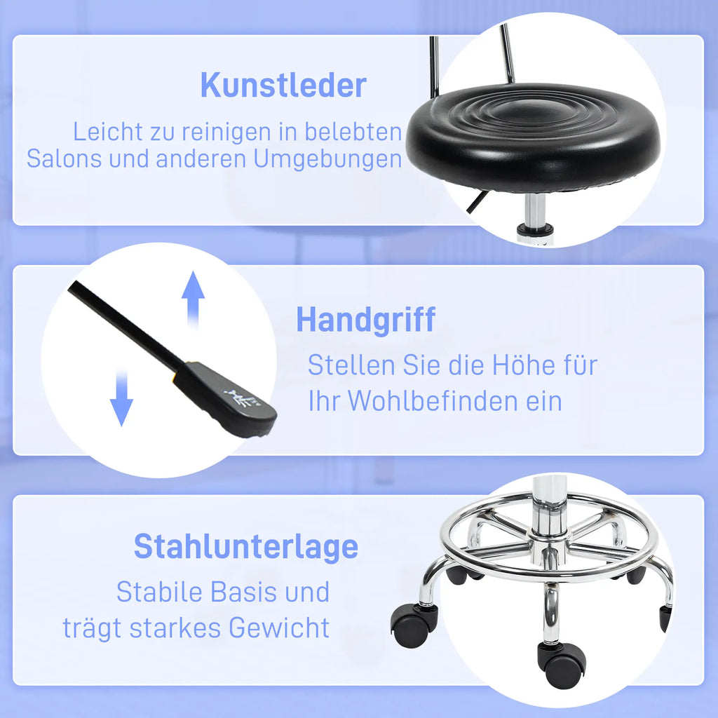 HOMCOM Rollhocker mit Lehne & Fußstütze, höhenverstellbar, Schwarz