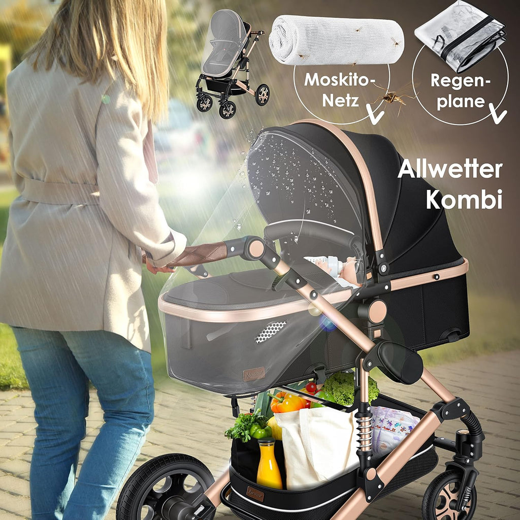 KESSER Passeggino trio Loops 3 in 1, set completo con navicella, seduta sportiva e seggiolino auto con pneumatici in gomma piena, borsa fasciatoio, parapioggia, tavolino, ECE R129, nero/champagne