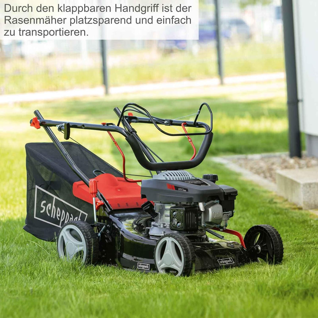 Scheppach Tosaerba a Benzina MS150-42 - 3,5 CV | Larghezza di Taglio 42cm | Trazione | Scocca in Acciaio | Funzione di Pulizia | Funzione Mulching | Sacco di Raccolta 45 Litri | Regolazione Altezza in 7 Posizioni (25-75mm)