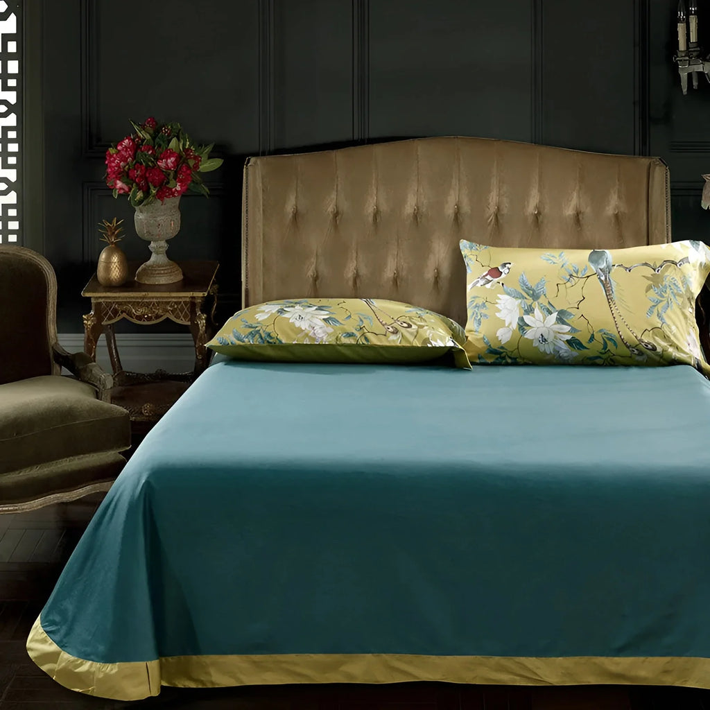 Piumone YellowSilk - Elegante set di biancheria da letto floreale con motivi di uccelli e piante