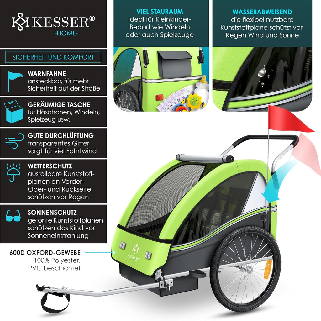 KESSER® Kinderfahrradanhänger Sport-RX 2in1 Jogger & Buggy 5-Punkt-Gurt Sicherheitsgurt 360° Vorderrad Kinderfahrradanhänger Reflektoren für 1-2 Kinder (max. 40 kg) Getränkehalter & Smartphonefach