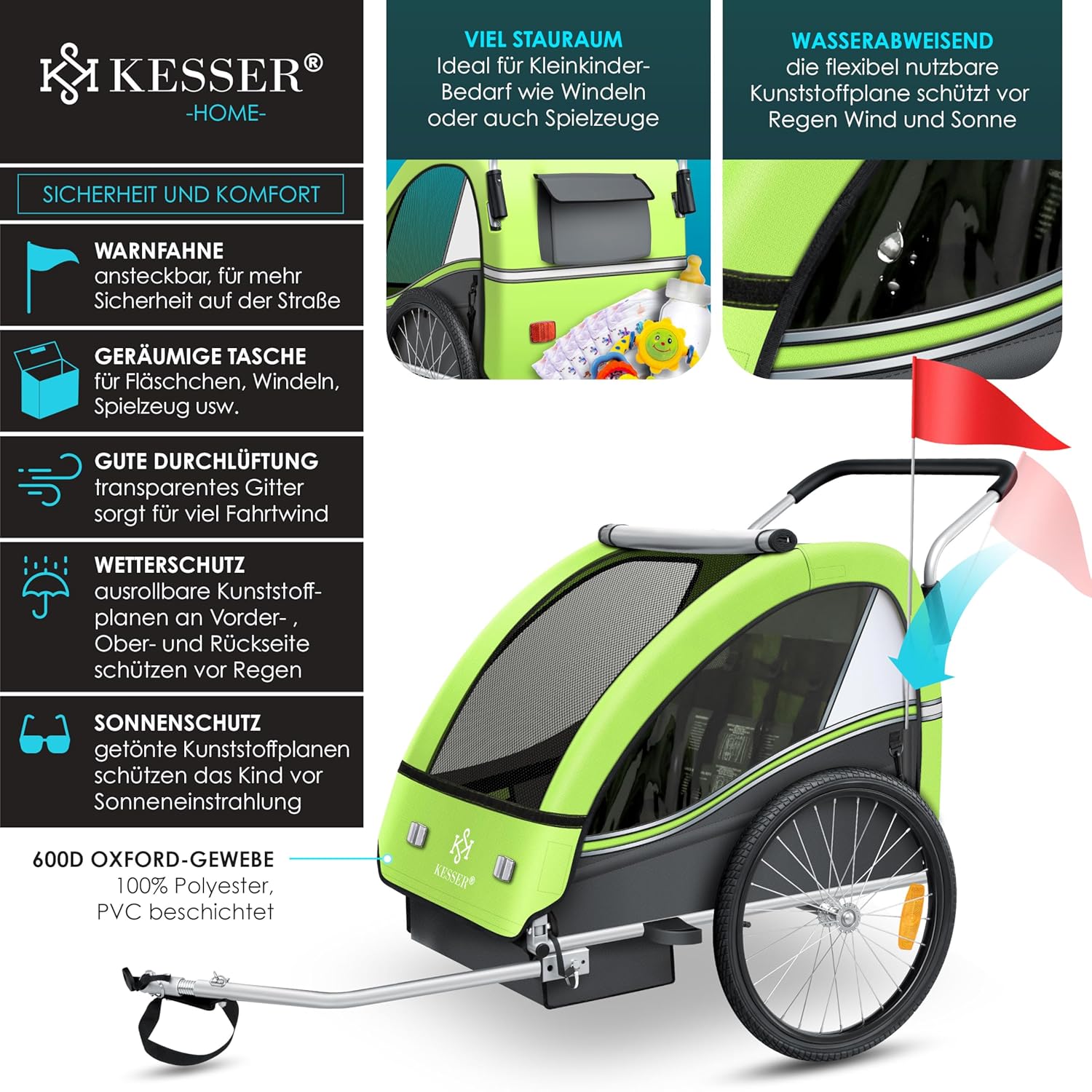 KESSER® Kinderfahrradanhänger Sport-RX 2in1 Jogger & Buggy 5-Punkt-Gurt Sicherheitsgurt 360° Vorderrad Kinderfahrradanhänger Reflektoren für 1-2 Kinder (max. 40 kg) Getränkehalter & Smartphonefach