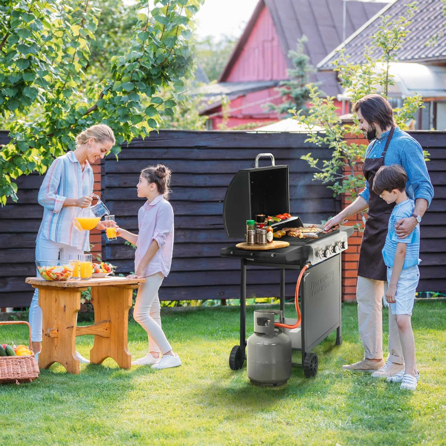 Royal Gourmet Grill a gas carrello 3 bruciatori 9 kW, fornello a gas da campeggio con piastra di cottura, barbecue da giardino con apribottiglie, regolatore di pressione e tubo del gas, griglia di cottura ca. 60 x 42 cm, Nero