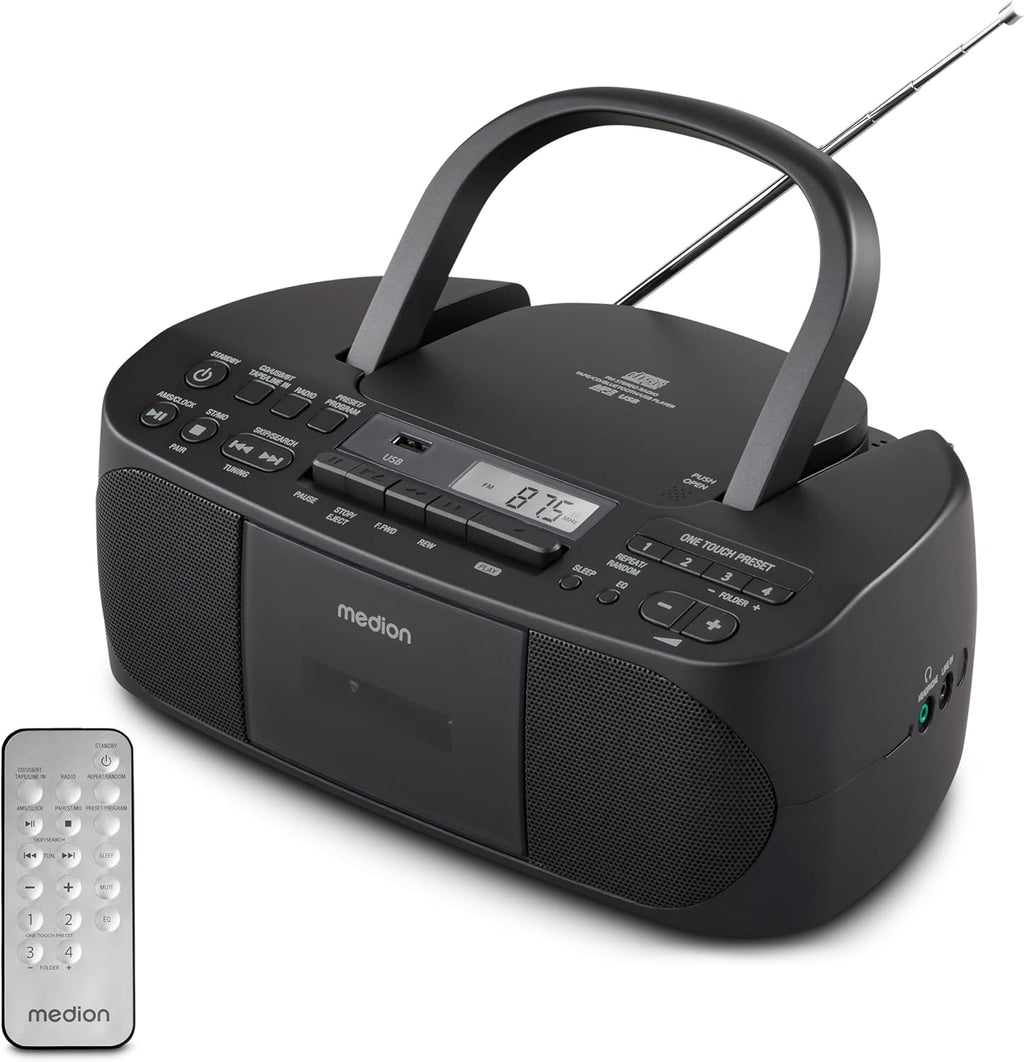 MEDION E65010 Radioregistratore stereo (lettore CD, cassetta, porta USB, ingresso audio AUX, riproduzione MP3, radio PLL FM, 40 stazioni memorizzabili, funzionamento a batteria, telecomando) bianco