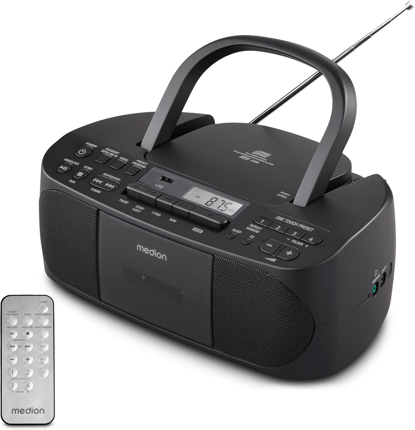 MEDION E65010 Radioregistratore stereo (lettore CD, cassetta, porta USB, ingresso audio AUX, riproduzione MP3, radio PLL FM, 40 stazioni memorizzabili, funzionamento a batteria, telecomando) bianco