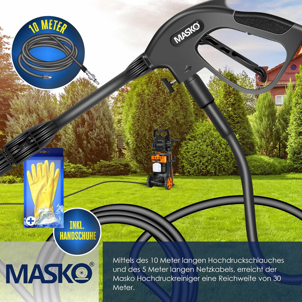 MASKO® Idropulitrice 2200 Watt 165 bar 450 l/h, con avvolgitubo 10m, set accessori 9 pezzi, con serbatoio per sapone e ugello schiumogeno, pistola ad alta pressione per auto/recinzioni/giardino/pati (Grigio)