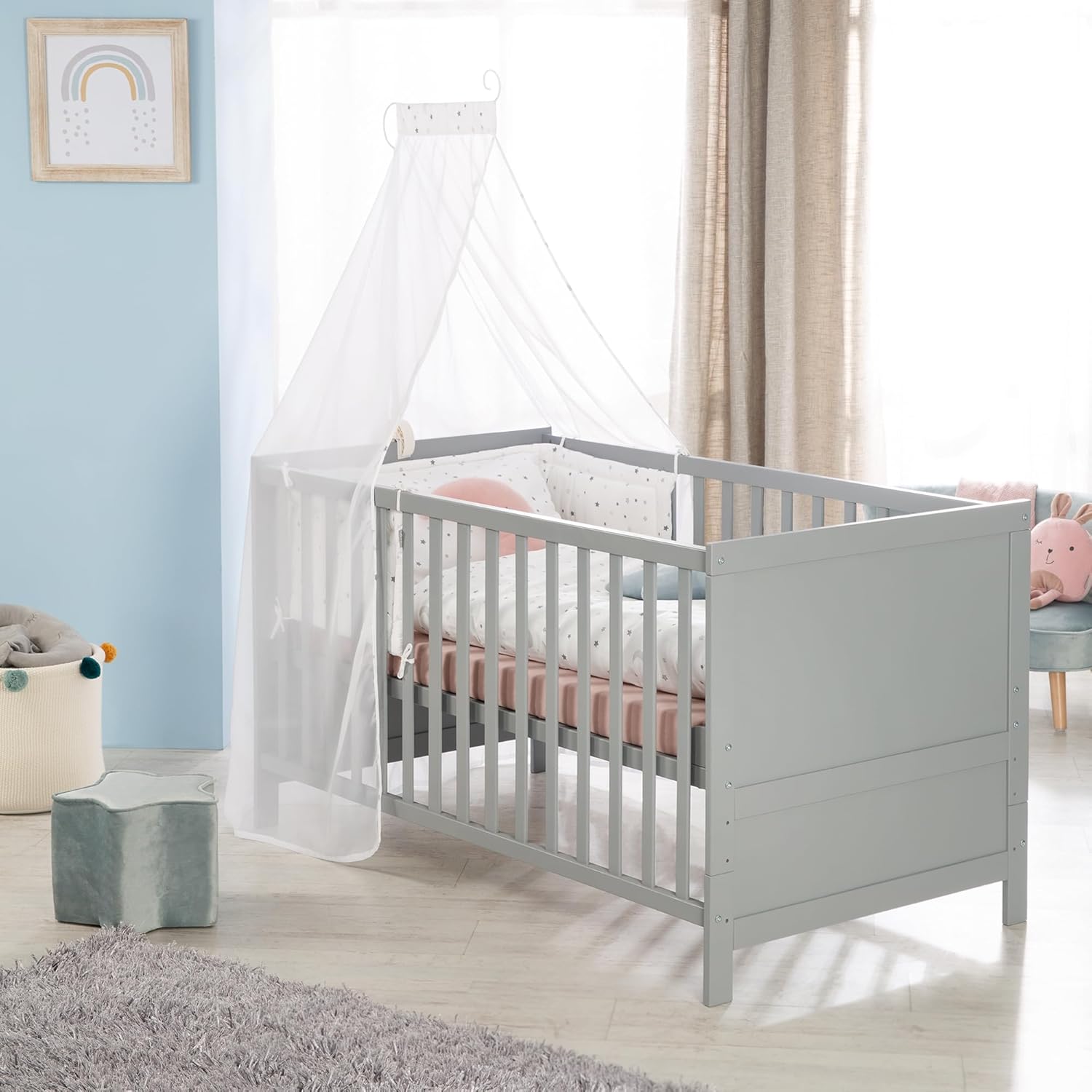 roba Lettino combinato 70 x 140 - Lettino con sbarre regolabile in 3 altezze - 3 pioli rimovibili - Lettino trasformabile in letto junior - Legno color tortora