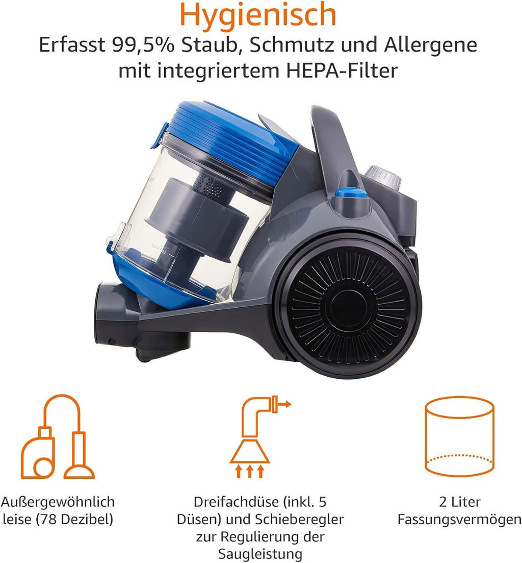 Amazon Basics - Aspirapolvere con sacchetto, potente, compatto e leggero, per pavimenti duri e tappeti, filtro HEPA, 700 W, 1,5 l, UE, nero