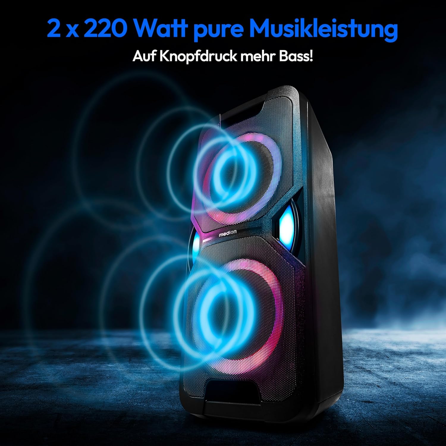 MEDION P61468 Party-Soundsystem (Altoparlante da festa con microfono, karaoke, batteria, radio FM, Bluetooth 5.0, sistema compatto, 2x 220 Watt, LED colorati, USB, AUX, 2x ingressi microfono)
