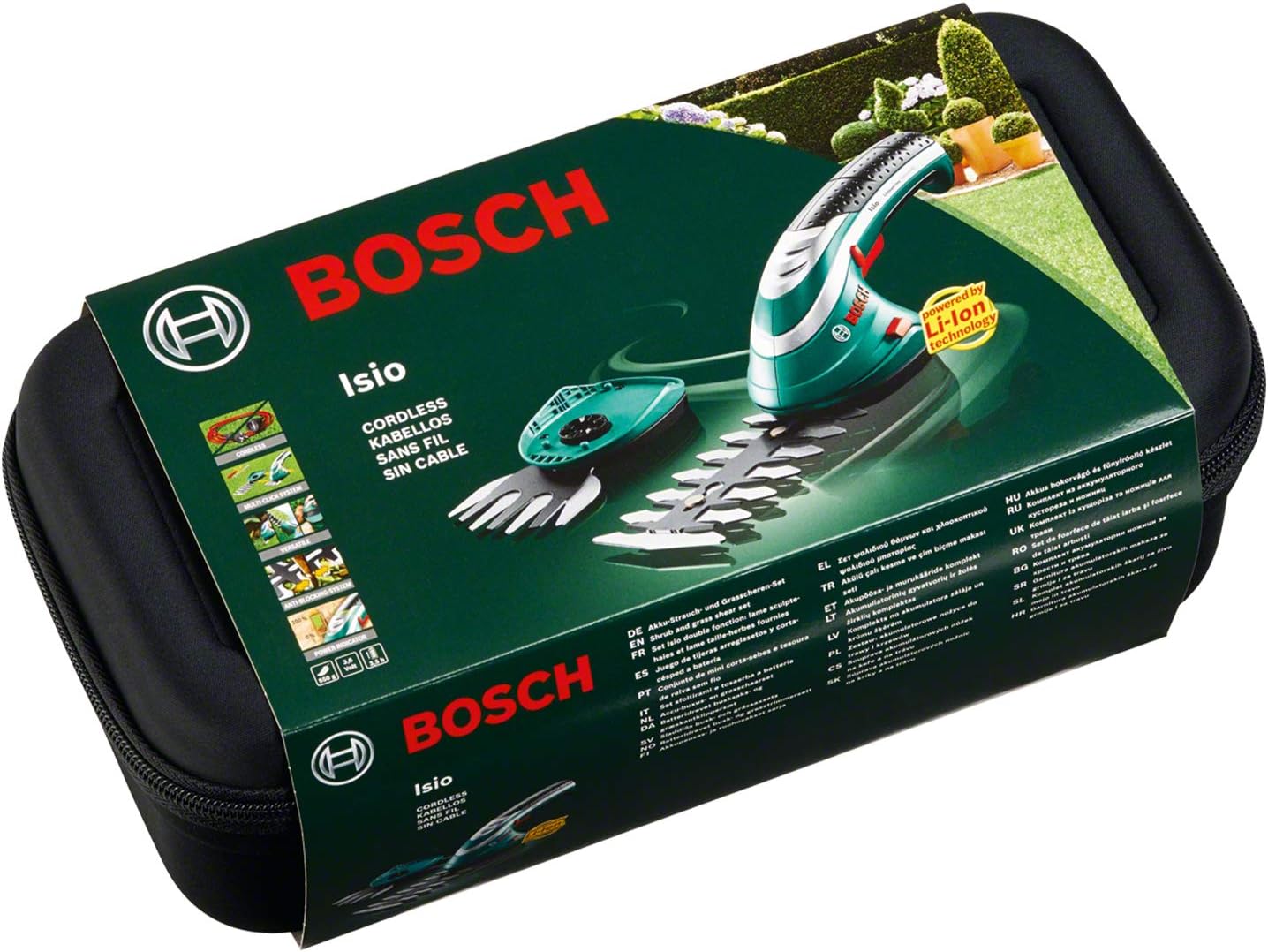 Set di tosaerba a batteria Bosch Isio (3,6 Volt, lunghezza lama 12 cm, distanza tra i denti 8 mm, con guanti da giardinaggio XL inclusi, in softcase) - Amazon Edition