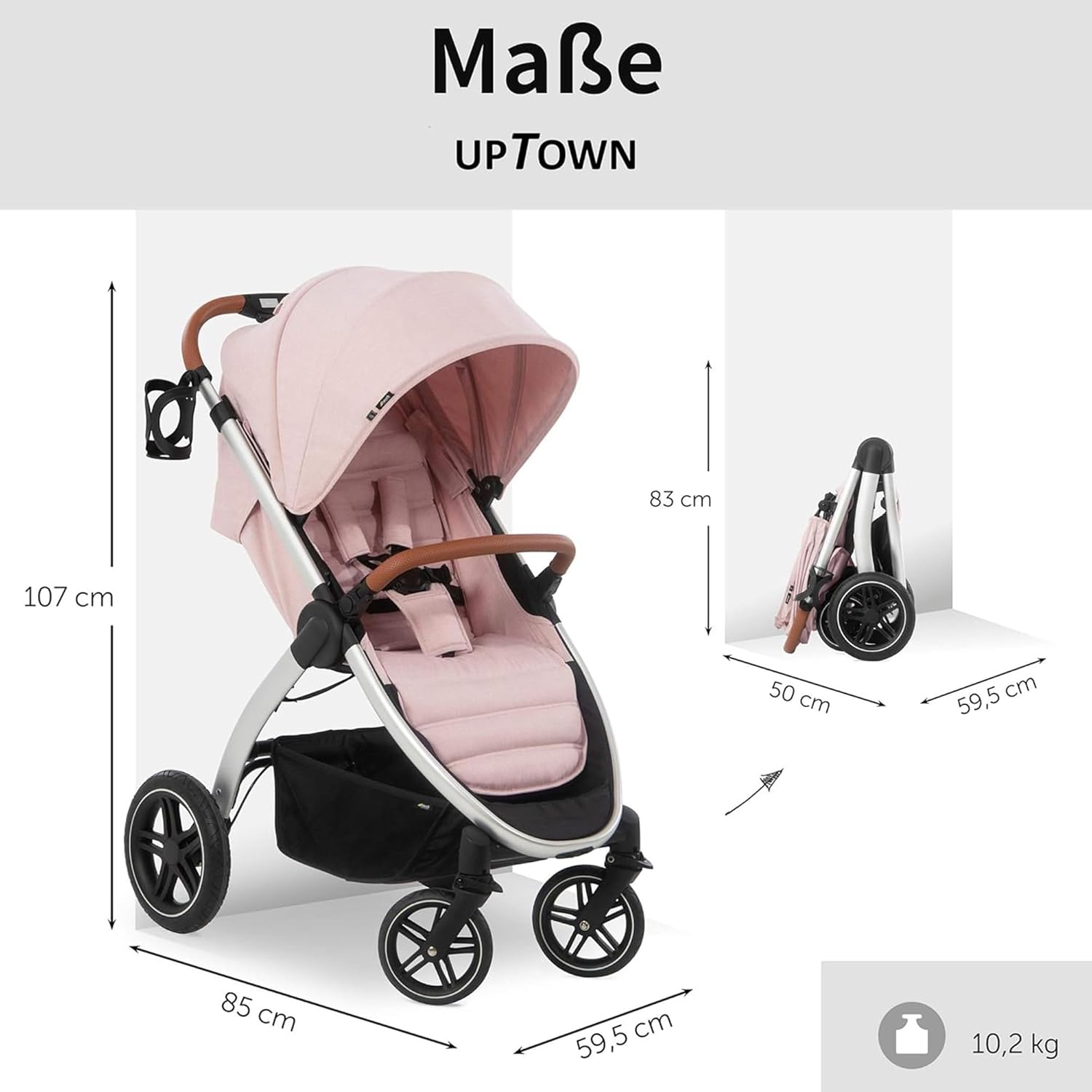 Hauck Uptown Passeggino Melange Rose – Passeggino per ogni terreno, seduta extra large, posizione nanna, ruote in gomma, sospensioni, compatto e facile da piegare, con parapioggia