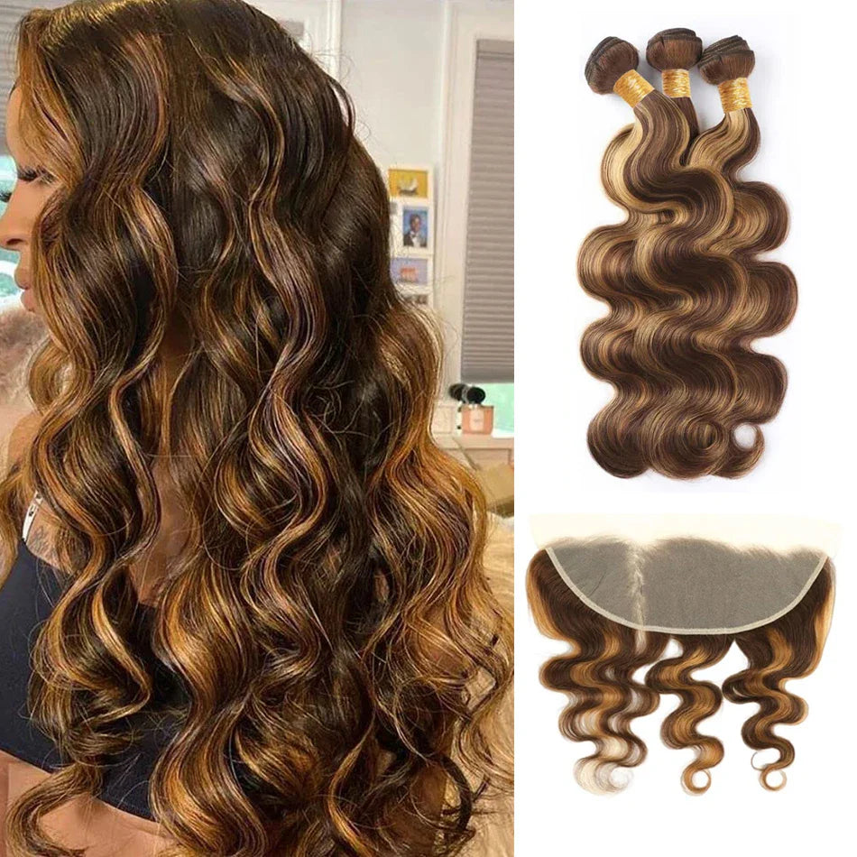 Body Wave Honey Blonde Highlight Bundles mit 13x4 Lace Frontal – Natürliches Brasilianisches Echthaar P4-27